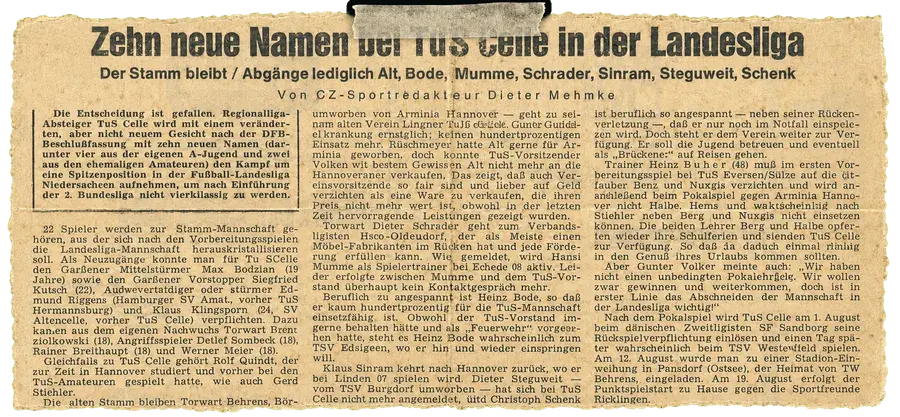 Zeitungsausschnitt: „Zehn neue Namen bei TuS Celle in der Landesliga“