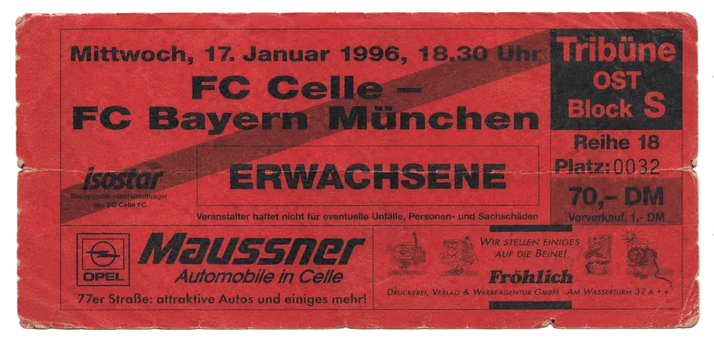 Eintrittskarte FC Celle gegen FC Bayern München vom 17. Januar 1996