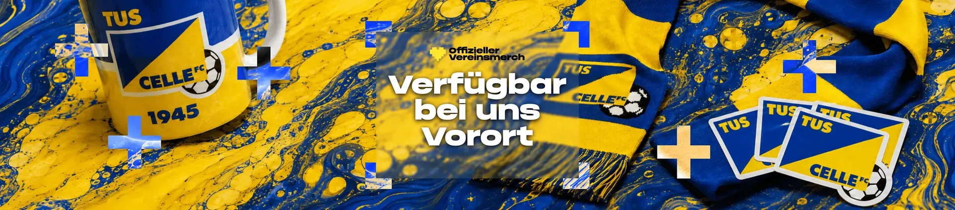 Offizieller Vereinsmerch – verfügbar bei uns vor Ort: Tasse, Schal und Aufkleber in Blau-Gelb
